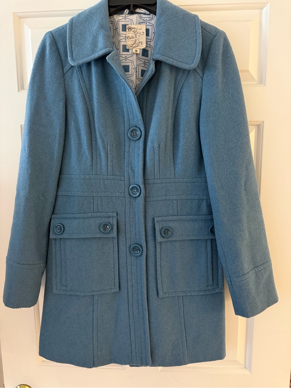 Tulle Dusty Blue Pea Coat with Button Front
